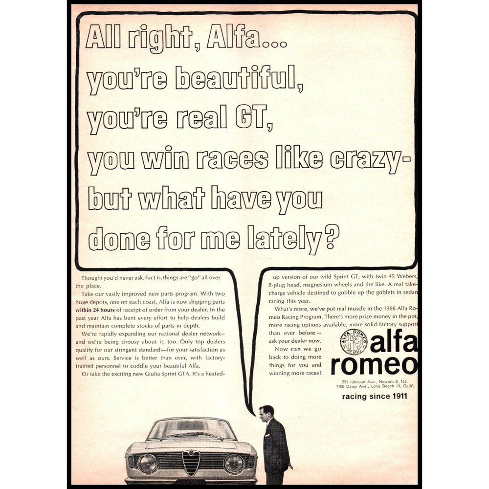 1966 Alfa Romeo Giulia Sprint GTA Vintage Print Ad Italy Italian Car Wall Art